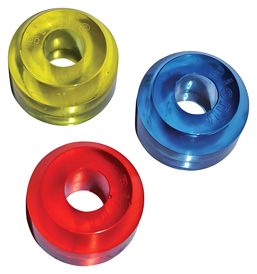 Bionic bushings for quad skate trucks in blue, red and yellow