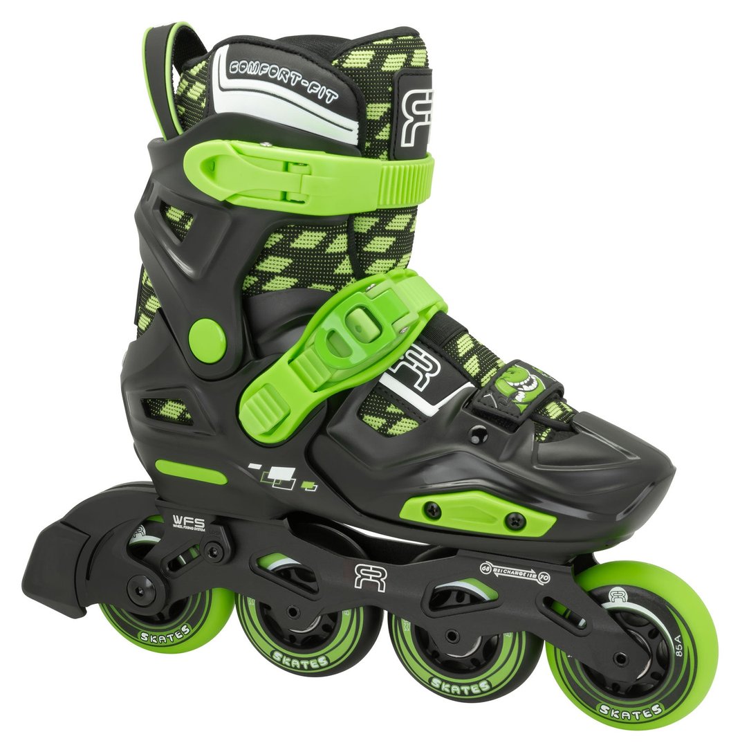 FR Skates EZX adjustable kids inline skate, black with green buckles, side view, rocker frame with four wheels