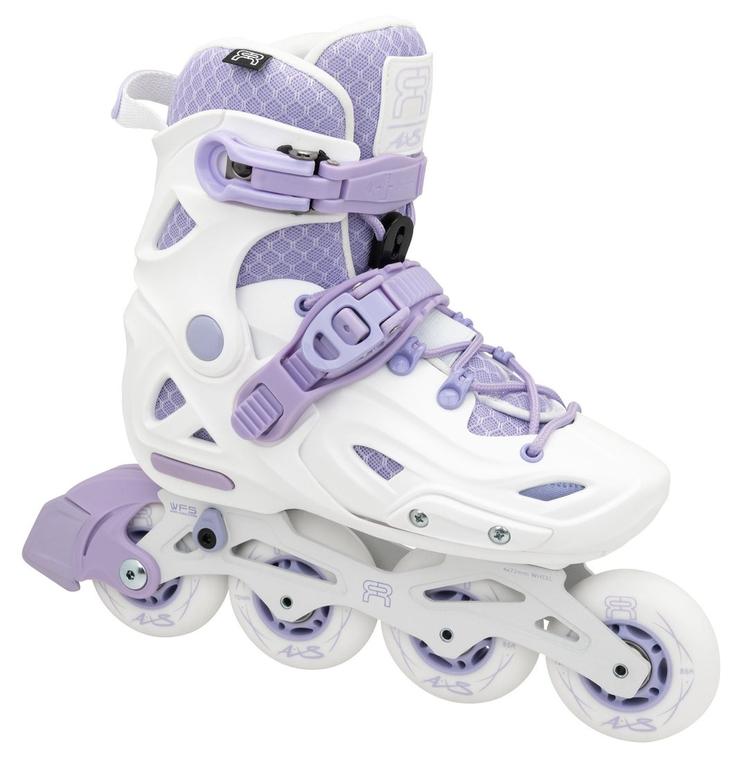 FR Skates AXS adjustable kids inline skate, white with purple buckles, side view