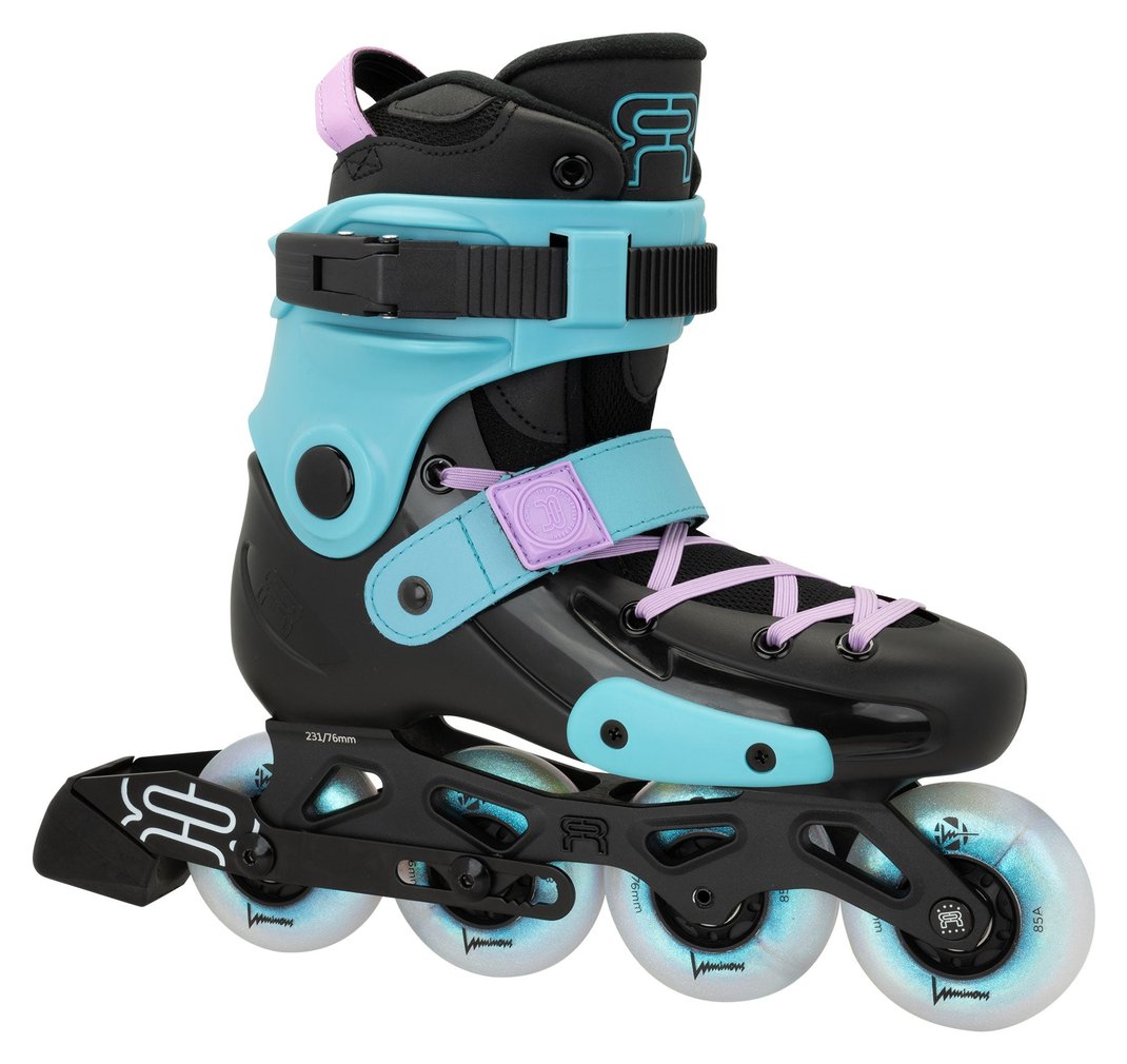 FR Skates FRJ Black Pearl V2 kids inline skate, black and light blue with Luminous LED wheels, side view