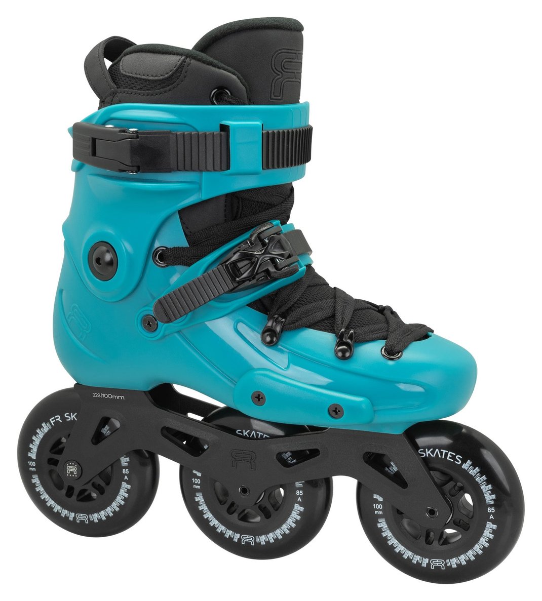 FR Skates FRJ Club 300 kids freeride inline skate in teal with three 100mm wheels, side view