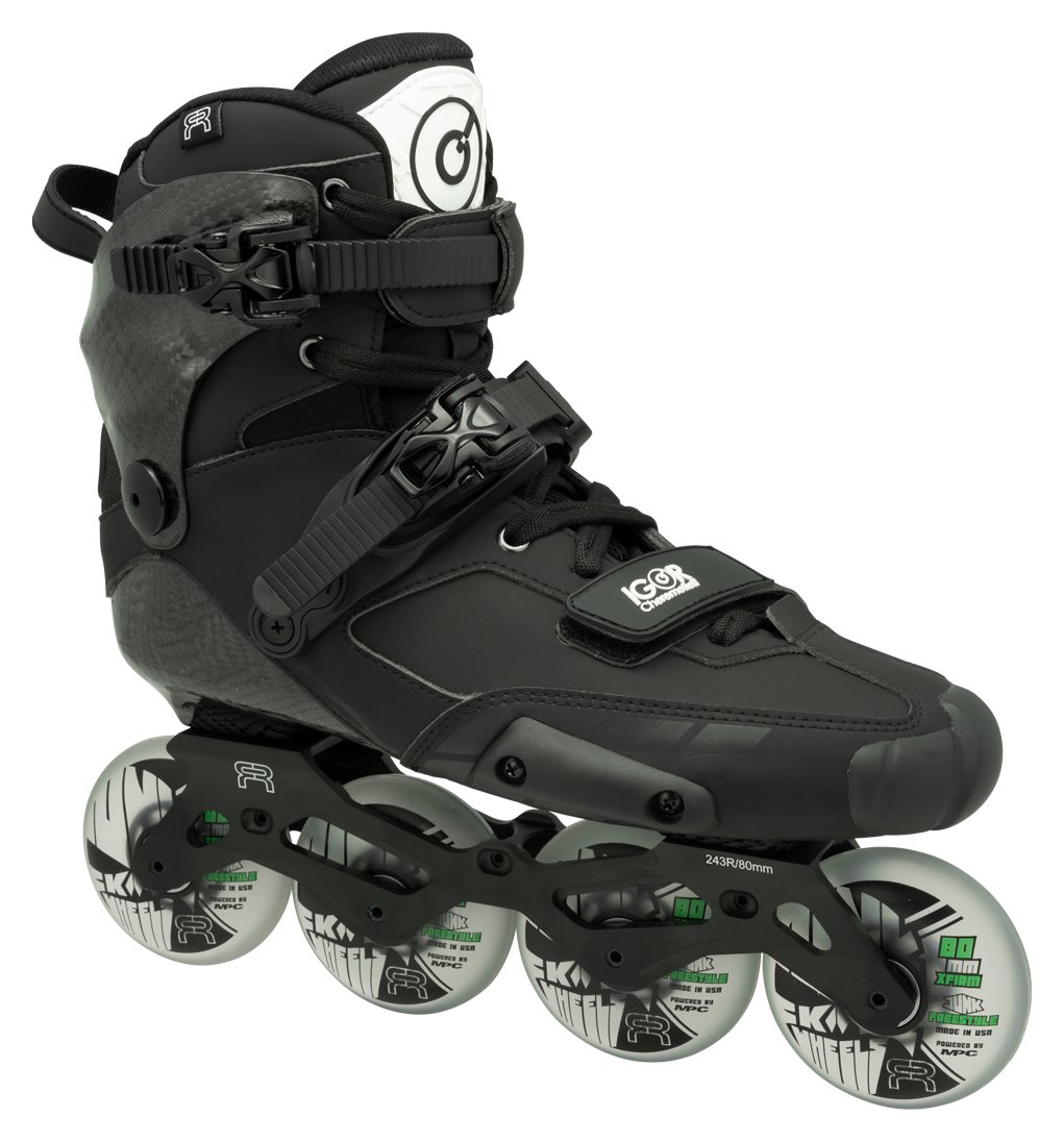 FR Skates Igor freestyle slalom inline skate, black, with clear MPC wheels, side view