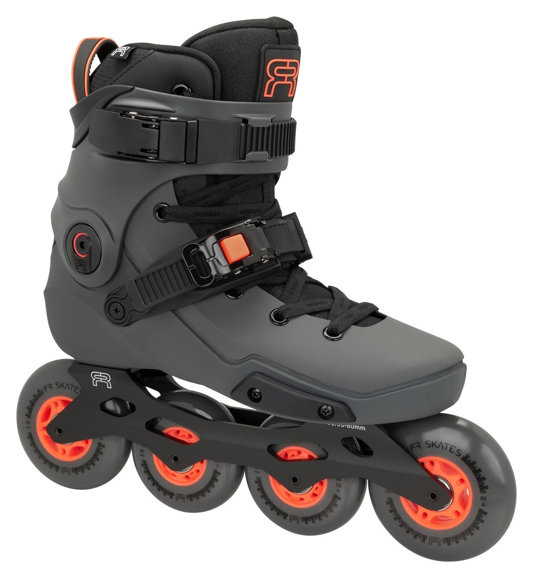 FR Skates Neo 1 Dual 9080 freeride inline skate, dark grey with orange wheels, side view