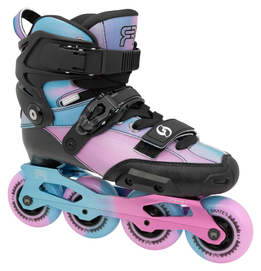FR Skates Spin JI kids freestyle inline skate, holo blue and pink, side angle view