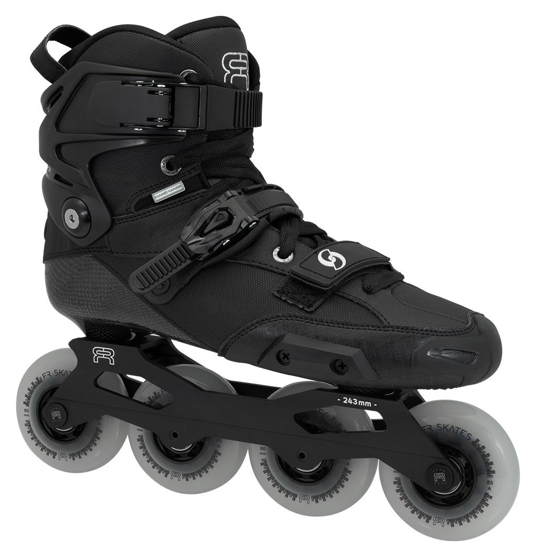 FR Skates Spin V2 inline skate, black, side view, rockerable frame with four wheels