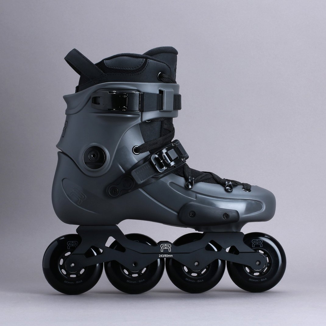 FR Skates FR1 80 inline skate, grey black, side view, 4D 243mm frame with four 80mm wheels