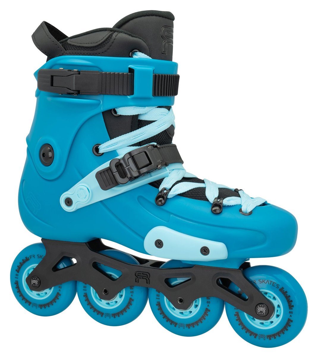 FR Skates FR3 80 inline skate, blue, side view, X3R 243mm frame with four 80mm wheels