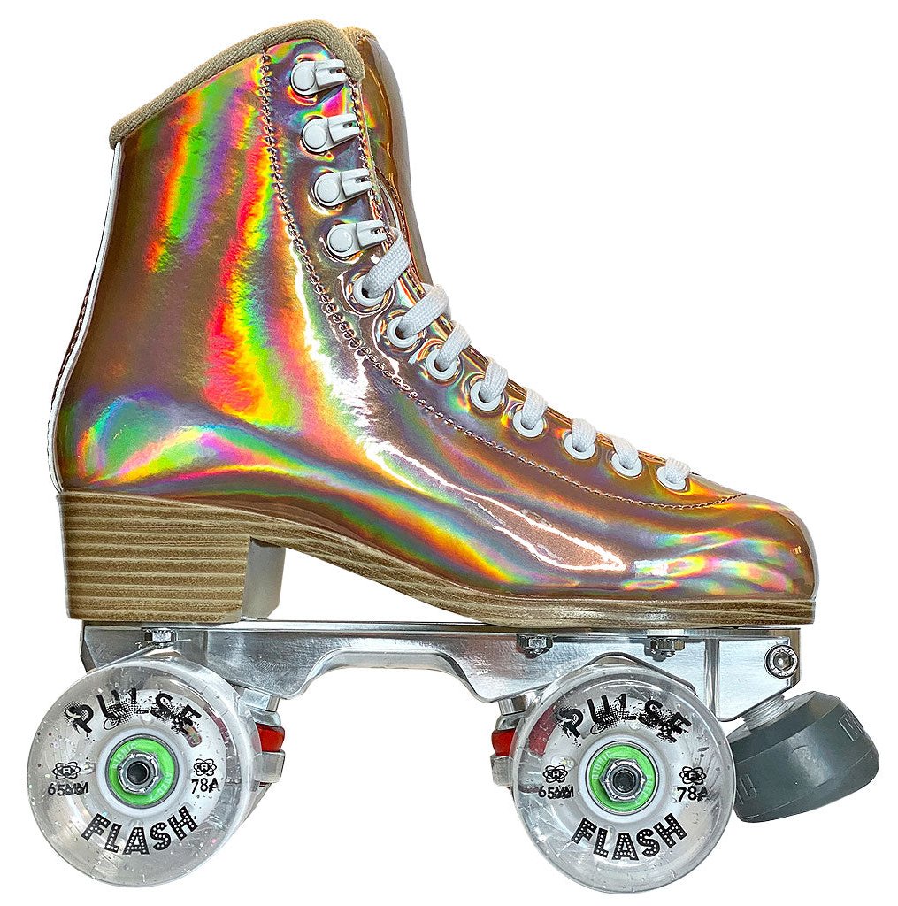 Jackson Evo roller skate, honey gold boot, clear glitter Atom Pulse Flash wheels