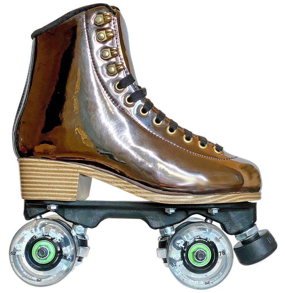 Jackson Evo roller skate, gunmetal boot, clear glitter Atom Pulse Lite wheels
