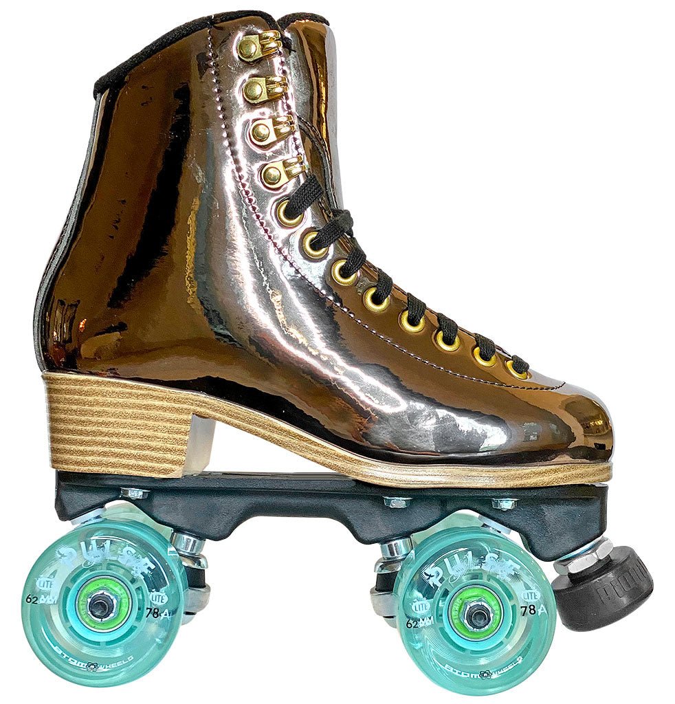Jackson Evo roller skate, gunmetal boot, mint Atom Pulse Lite wheels