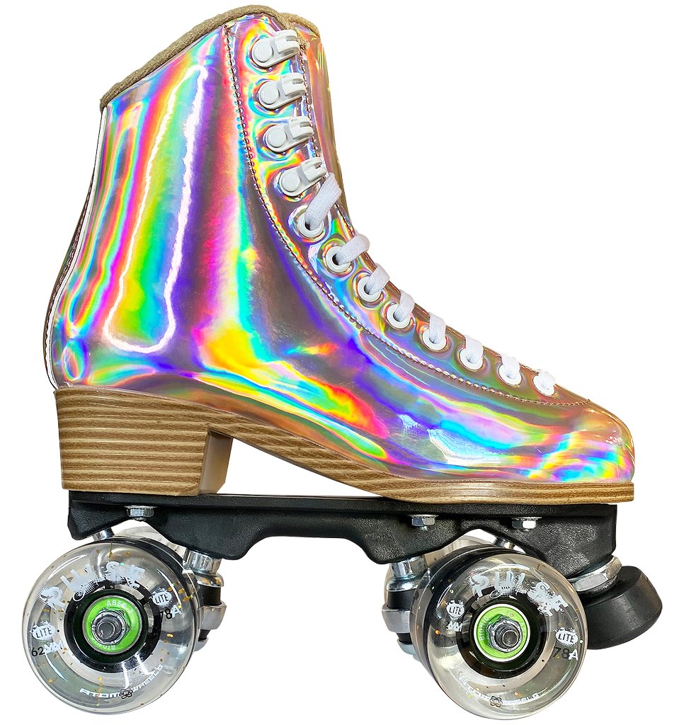 Jackson Evo roller skate, honey gold boot, clear glitter Atom Pulse Lite wheels