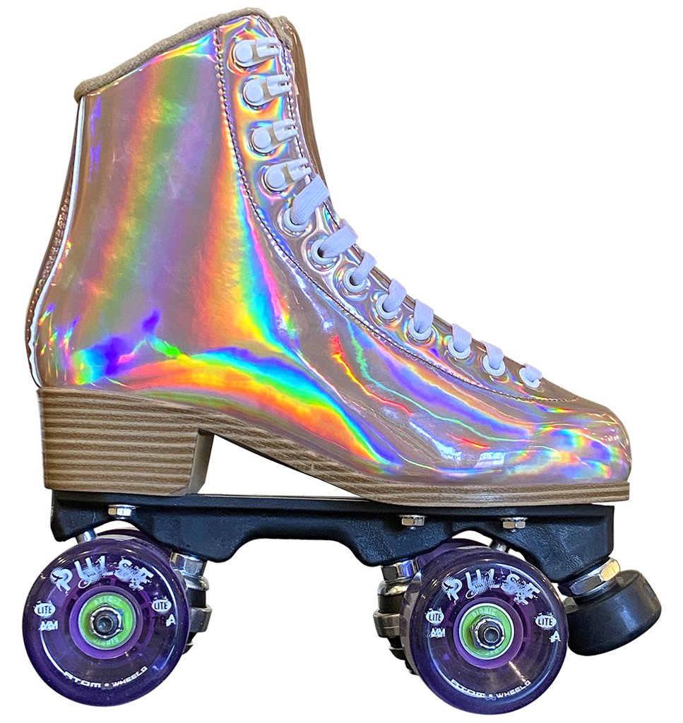 Jackson Evo roller skate, honey gold boot, purple Atom Pulse Lite wheels