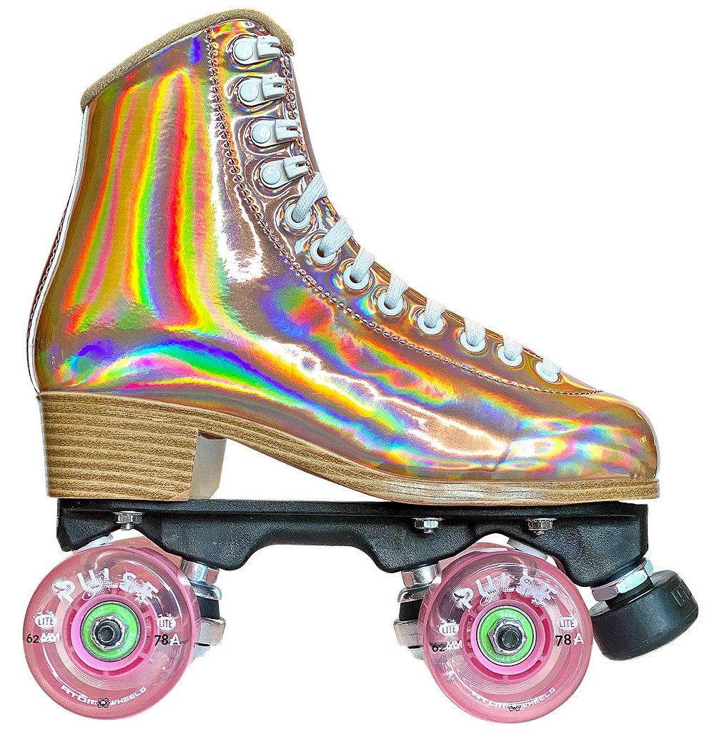 Jackson Evo roller skate, honey gold boot, soft pink Atom Pulse Lite wheels