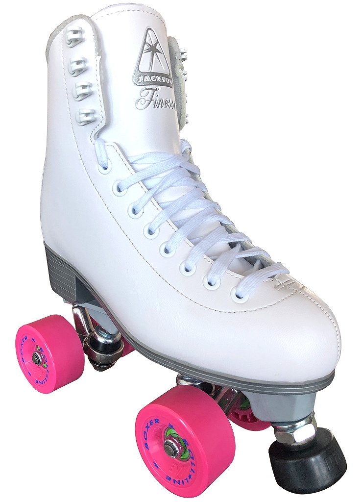 Jackson Finesse Women's Artistic roller skate, white women's Finesse boot, Roll-Line Boxer 57D (Pink) wheels