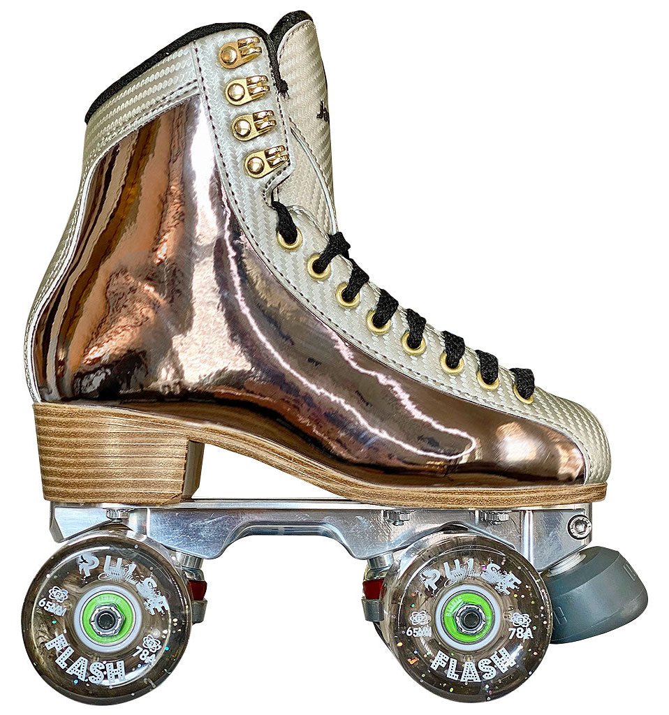 Jackson Flex Alloy Gunmetal roller skate, gunmetal holographic boot, alloy plate, Atom Pulse Flash (Smoke Glitter) wheels