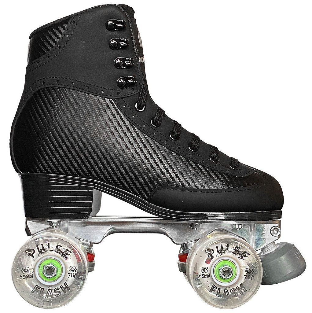 Jackson Vibe outdoor roller skate, black boot, clear glitter Atom Pulse Flash wheels