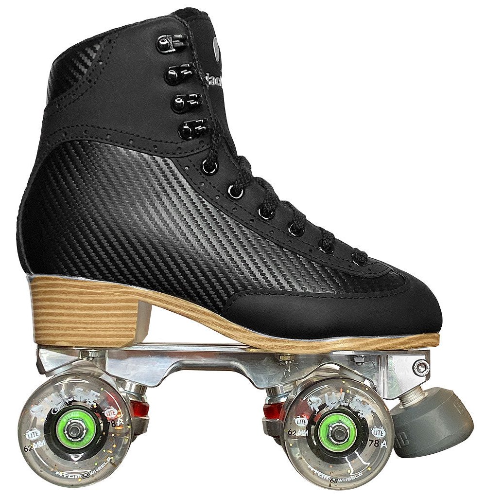 Jackson Vibe outdoor roller skate, black boot, clear glitter Atom Pulse Lite wheels