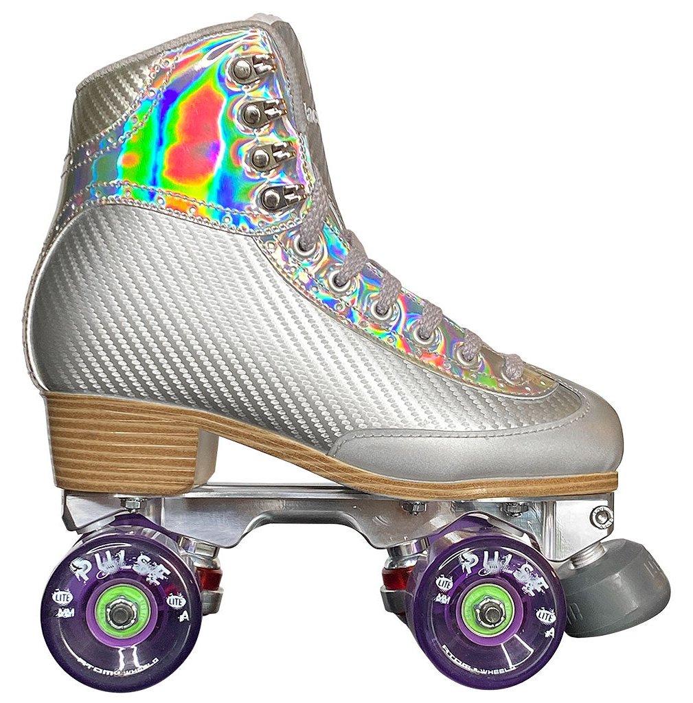 Jackson Vibe outdoor roller skate, silver boot, purple Atom Pulse Lite wheels