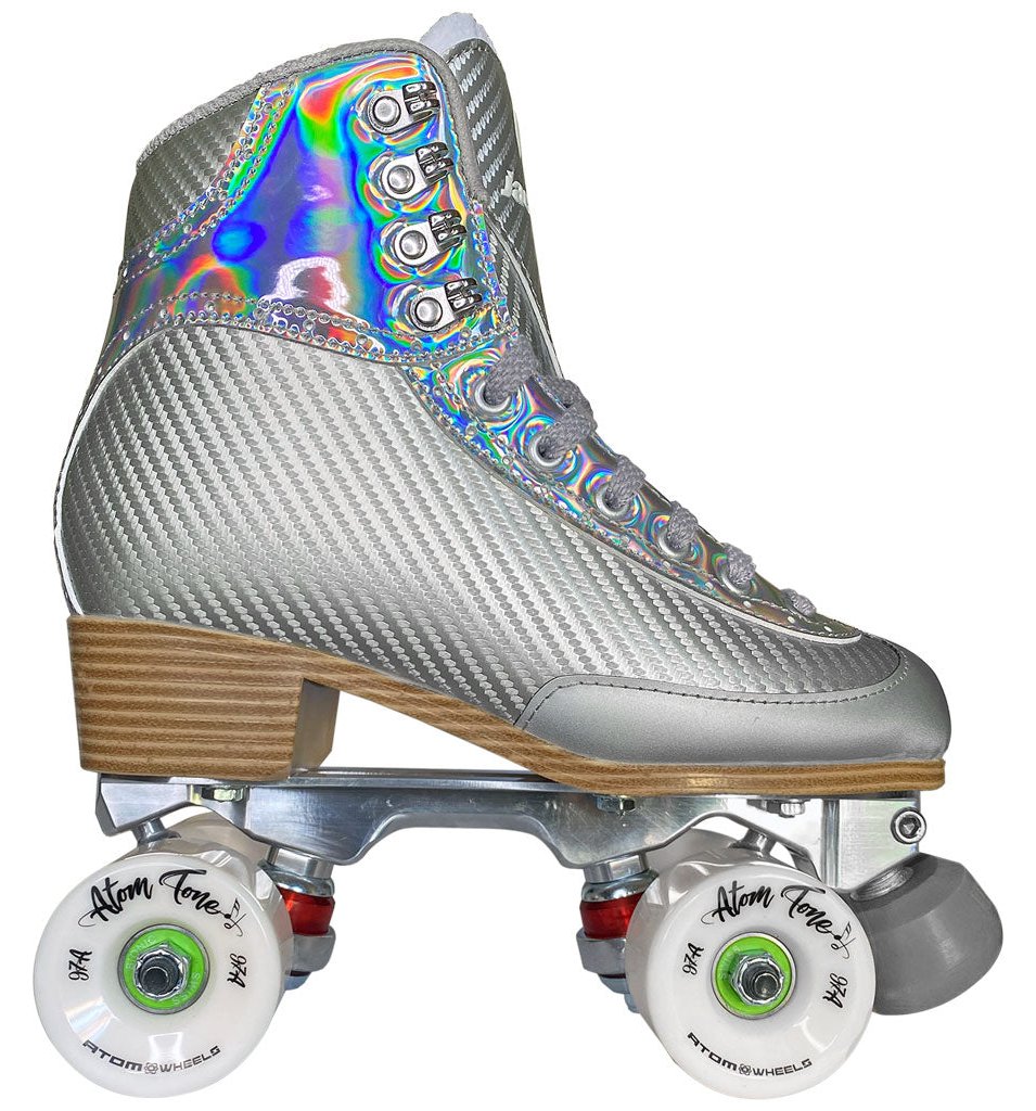 Jackson Vibe rhythm roller skate, silver boot, white Atom Tone wheels