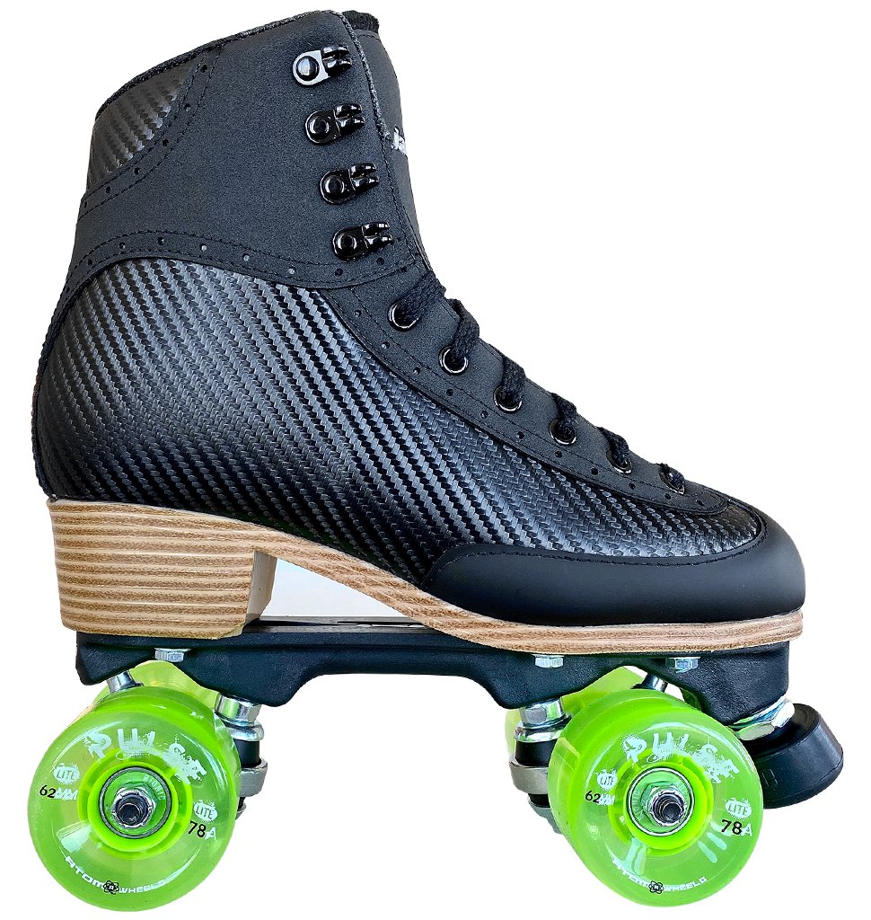 Jackson Vibe outdoor roller skate, black boot, lime Atom Pulse Lite wheels