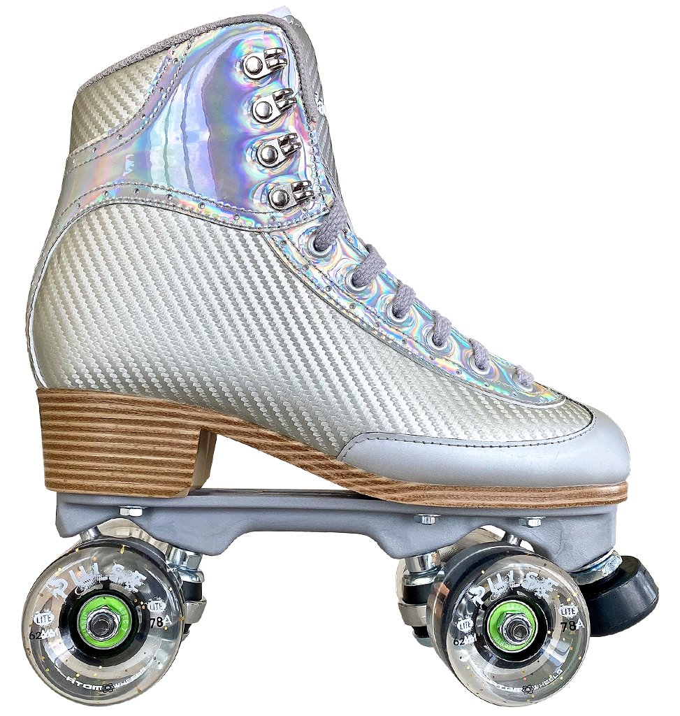 Jackson Vibe outdoor roller skate, silver boot, clear glitter Atom Pulse Lite wheels