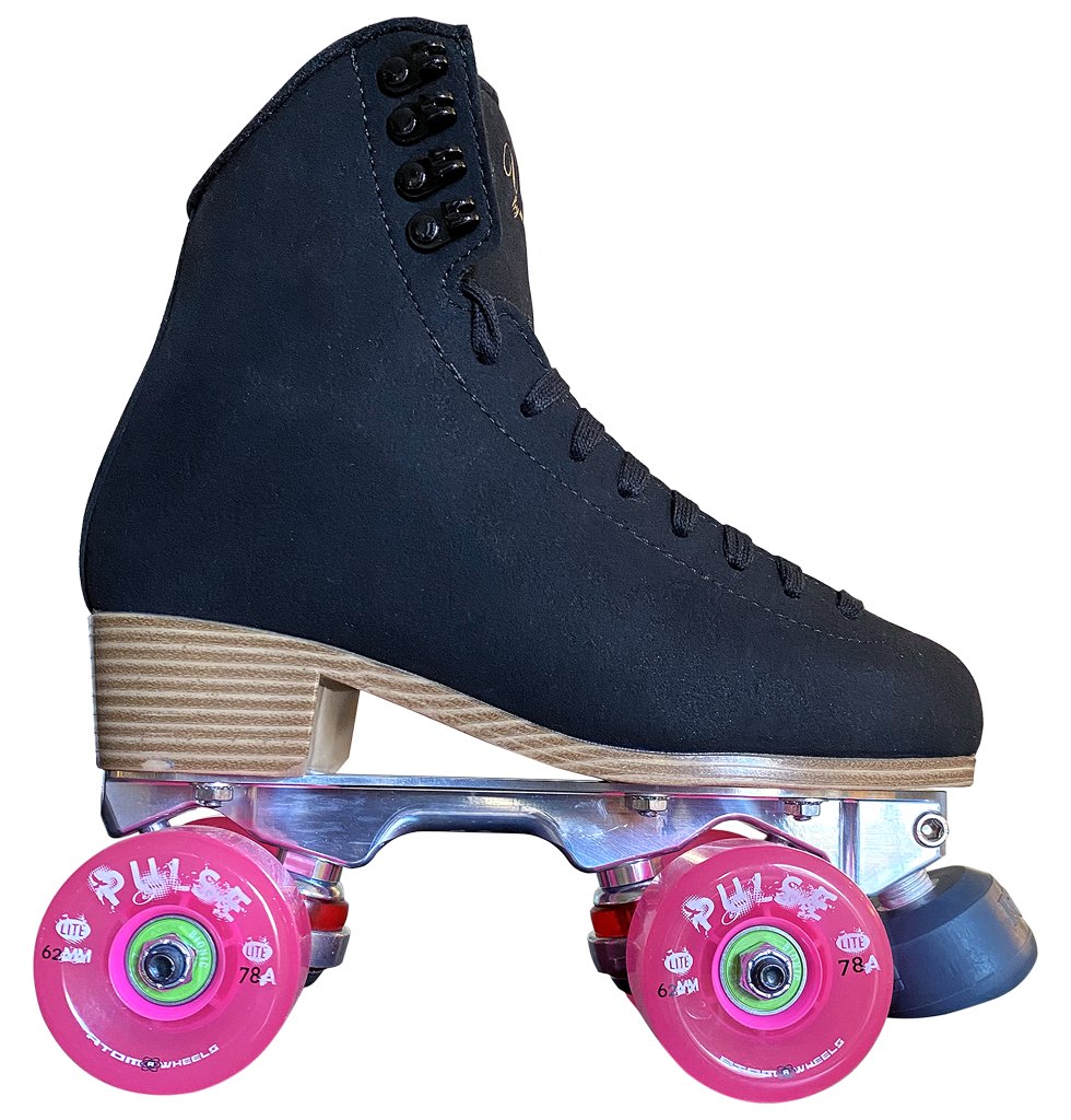 Jackson Vista roller skates, black boot, pink Atom Pulse Lite wheels