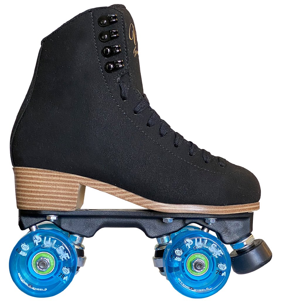 Jackson Vista roller skates, black boot, blue Atom Pulse Lite wheels