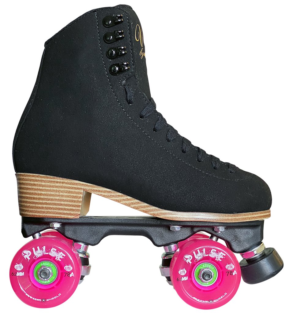 Jackson Vista roller skates, black boot, pink Atom Pulse Lite wheels