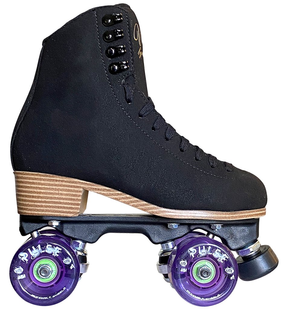 Jackson Vista roller skates, black boot, purple Atom Pulse Lite wheels