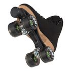 Jackson Vista roller skate, black boot, plate and wheels from below