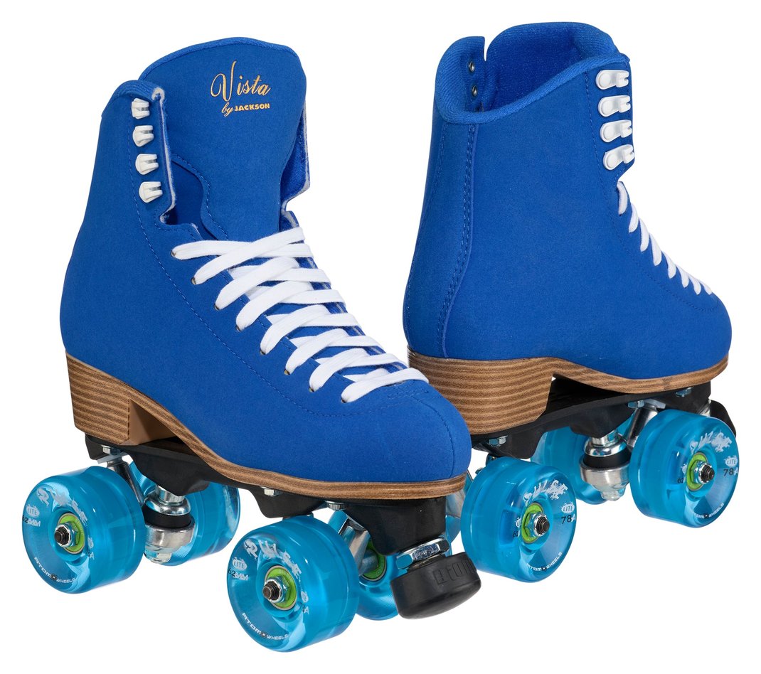 Jackson Vista roller skates, blue boot, blue Atom Pulse Lite wheels