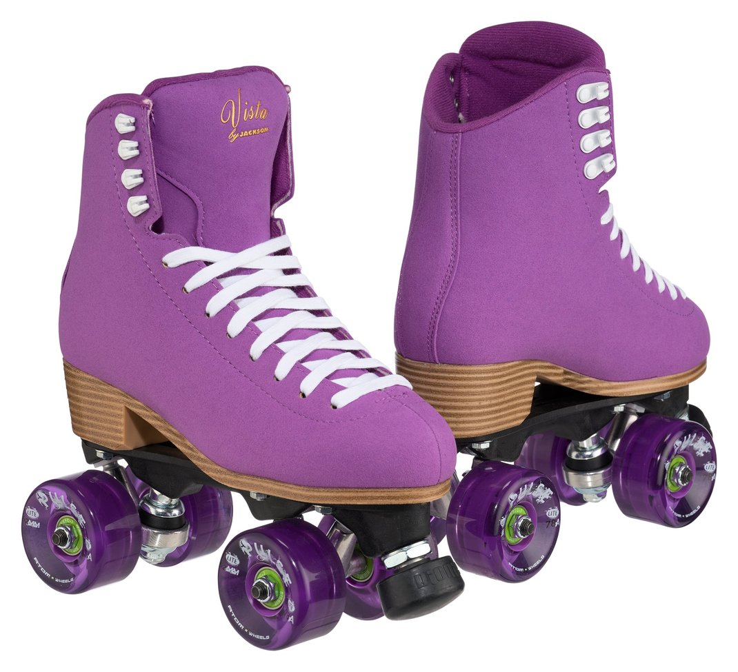 Jackson Vista roller skates, purple boot, purple Atom Pulse Lite wheels