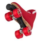 Jackson Vista roller skate, red boot, plate and wheels from below