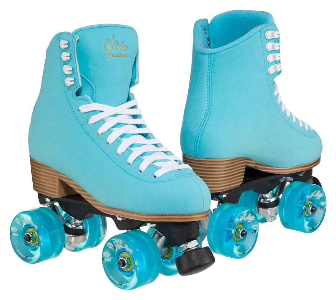 Jackson Vista roller skates, teal boot, teal Atom Pulse Lite wheels