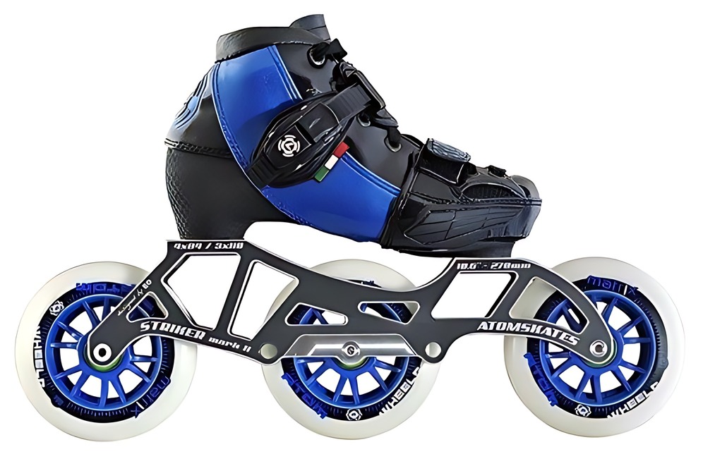 Luigino Kids Challenge Adjustable blue inline speed skate, black with blue panels boot on a Striker Mark II 10.6 inch 4x84/3x110 frame with three blue Atom Matrix wheels