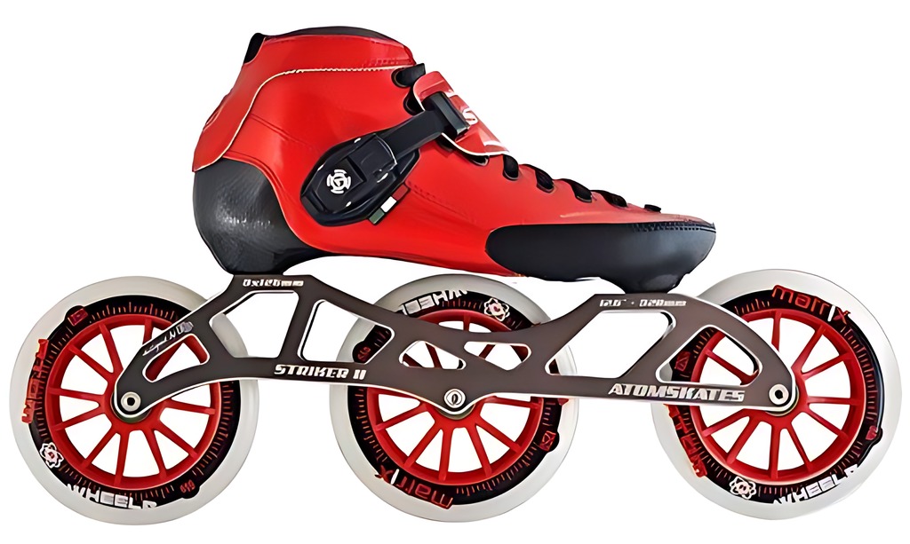 Luigino Strut Red 3x125 inline speed skate, red carbon fiber boot on a Striker II 12.6 inch 3x125 frame with red Atom Matrix 125mm wheels