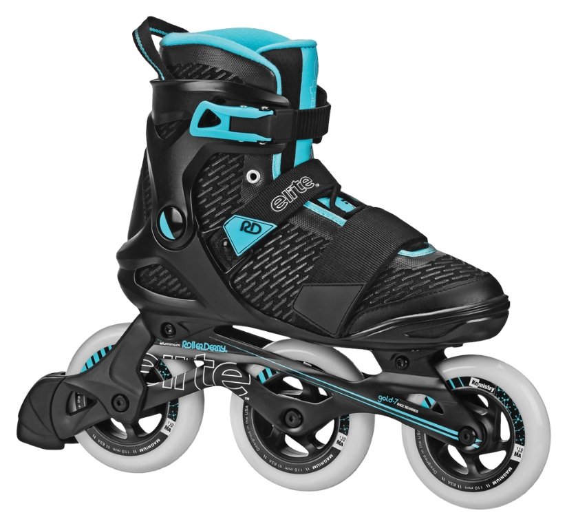 Roller Derby Elite Delta 110 black and teal 3-wheel inline skate with 110mm wheels and a heel brake