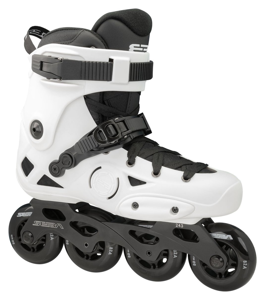 Seba E3 80 Premium inline skate, white shell with black straps, side view, X2R 243mm frame with four 80mm wheels