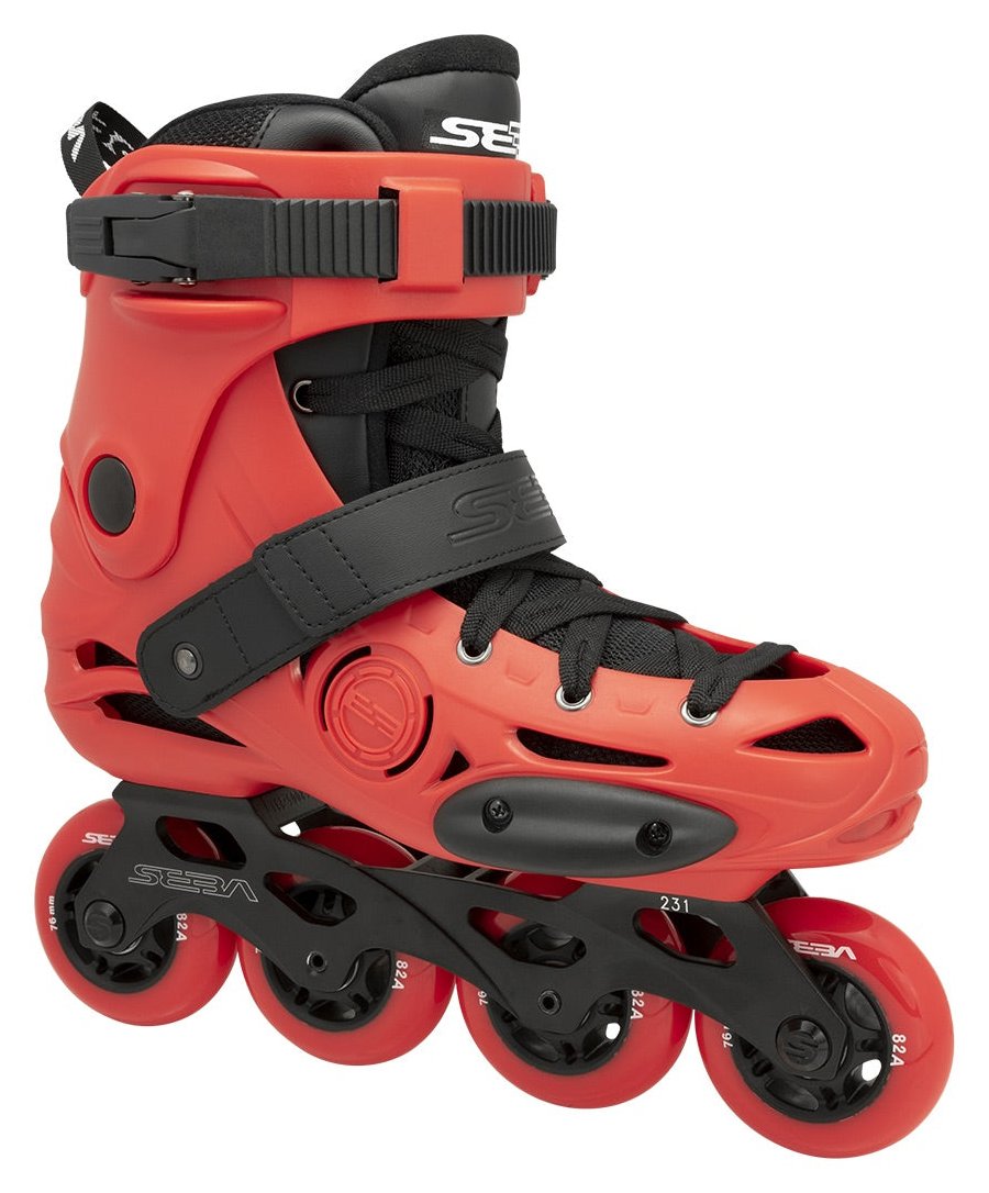 Seba E3 J inline skate, red with red wheels, side view, X2R 231mm frame with four 76mm wheels