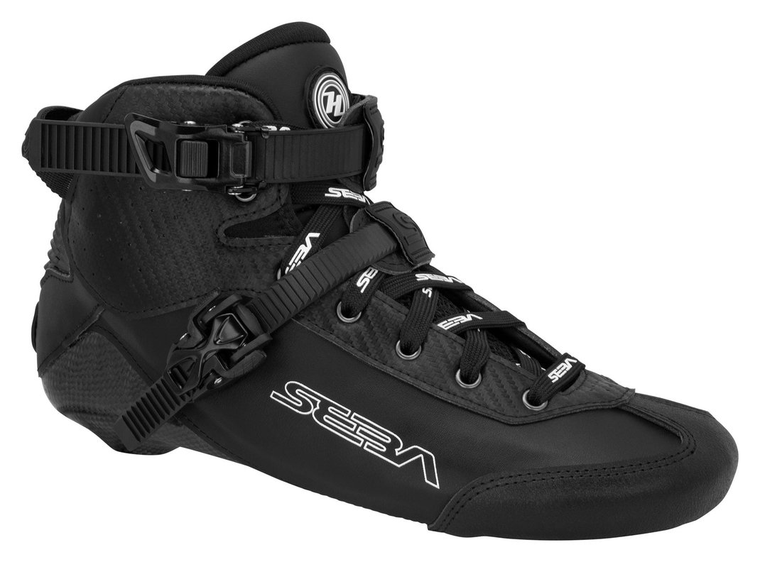 Seba Light Speed carbon slalom skate boot, black, side view, with 2 buckles and laces