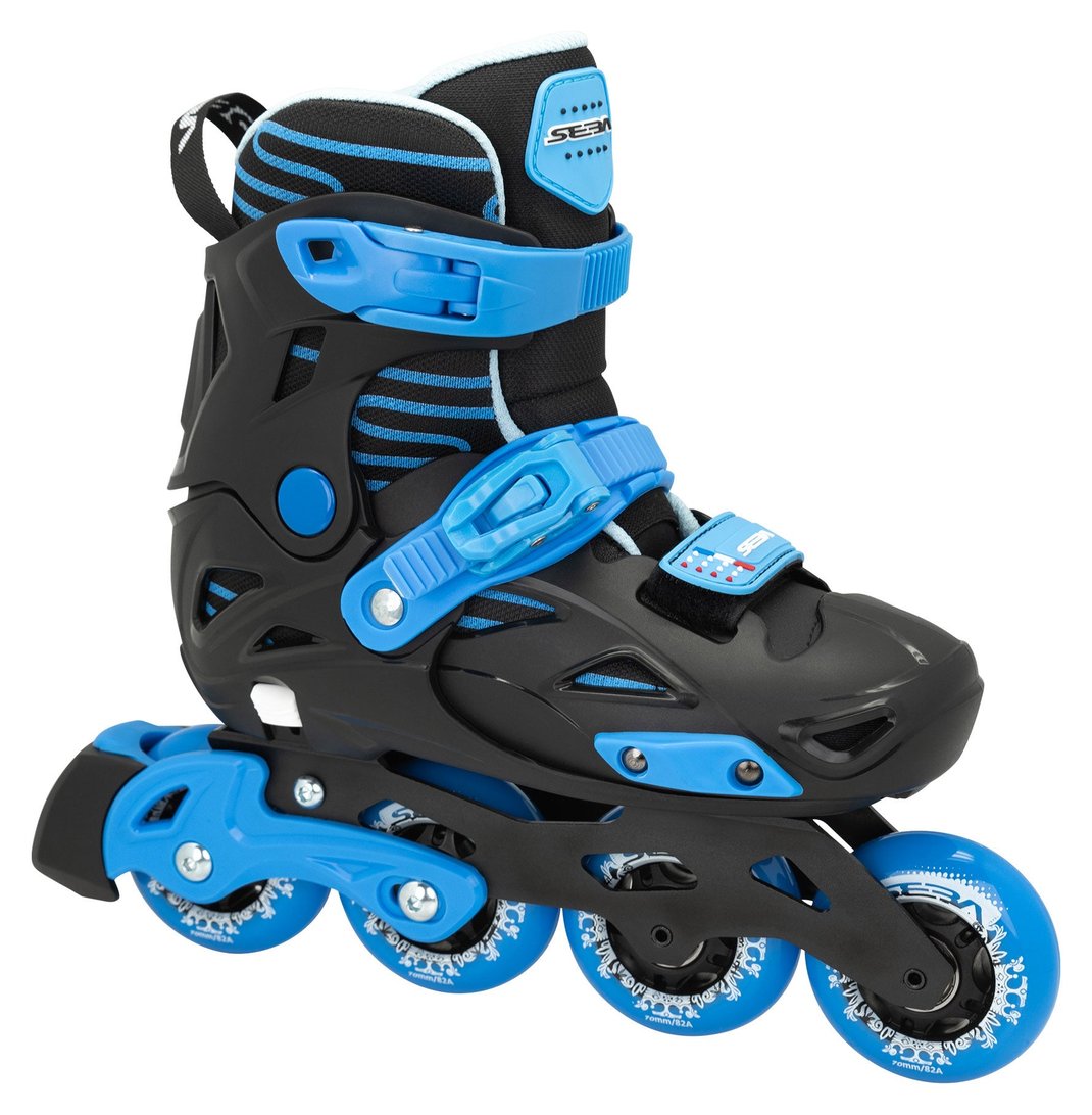 Seba STJ Premium adjustable kids inline skate, black and blue, side angle view