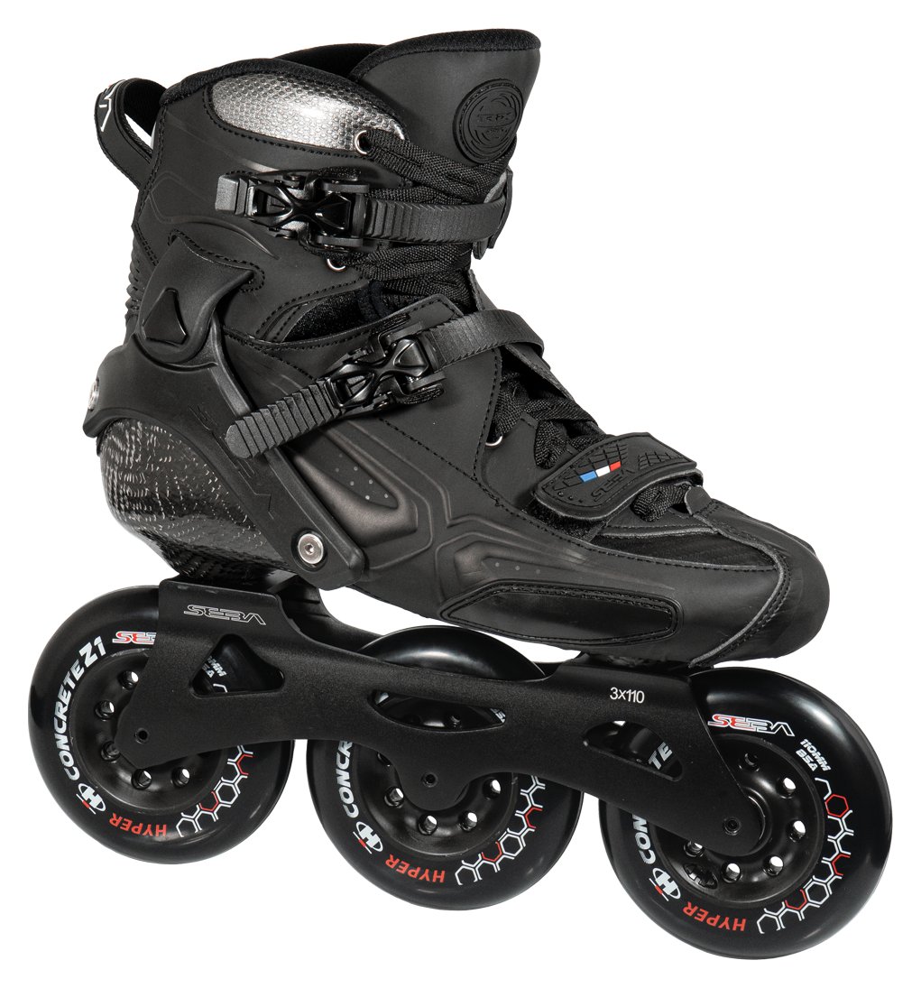 Seba Trix 310 inline skate, black carbon shell, 3x110mm frame with Hyper Concrete wheels, side view