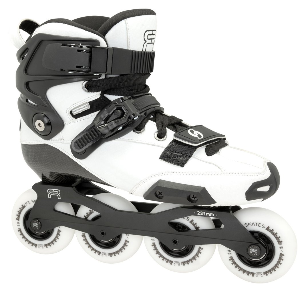 FR Skates Spin inline skate, white and black, side view, rockerable frame with four wheels
