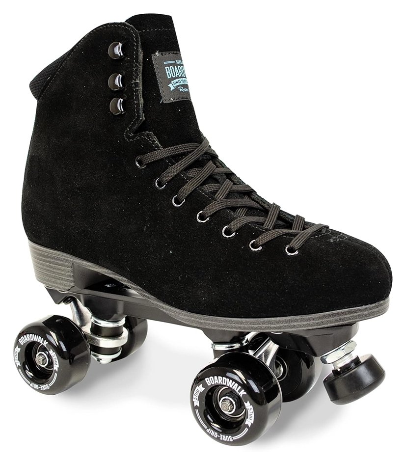 Sure-Grip Boardwalk Plus black suede roller skate with black Boardwalk outdoor wheels