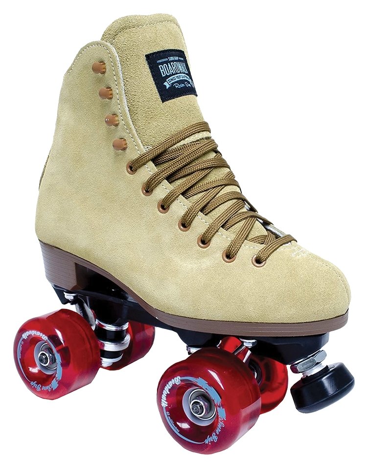 Sure-Grip Boardwalk Tan suede roller skate with red Boardwalk outdoor wheels