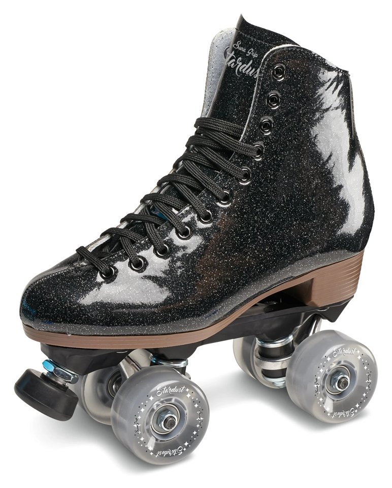 Sure-Grip Stardust Black glitter roller skate with black laces and clear wheels