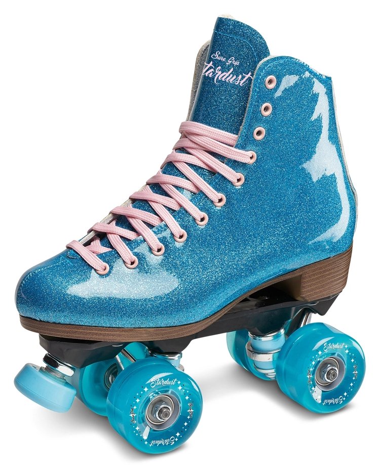 Sure-Grip Stardust Blue glitter roller skate with pink laces and blue wheels