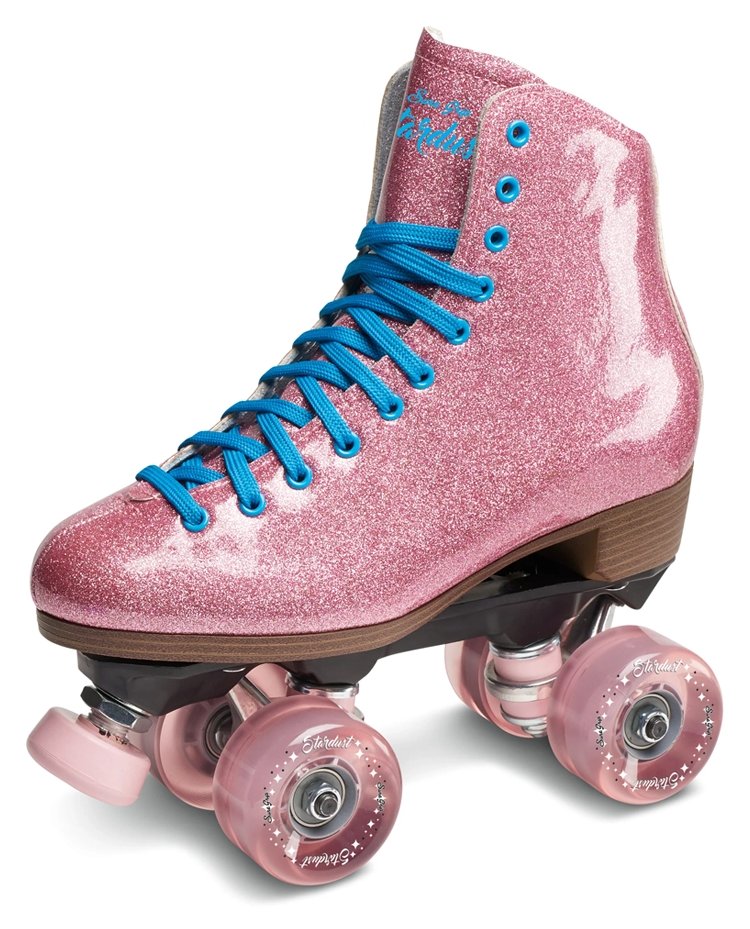 Sure-Grip Stardust Pink glitter roller skate with blue laces and pink wheels
