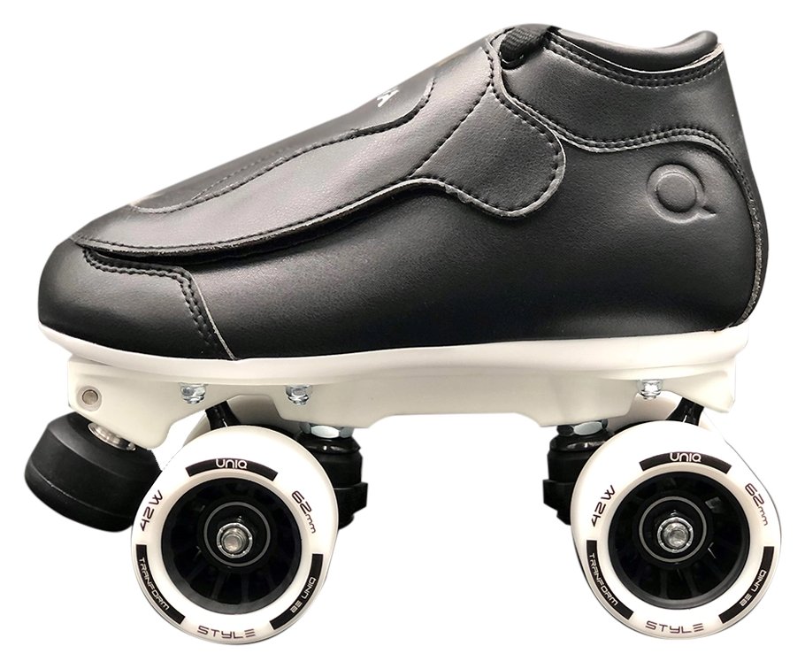 Uniq Era black quad speed roller skate with a white plate and white 62mm Uniq Style wheels